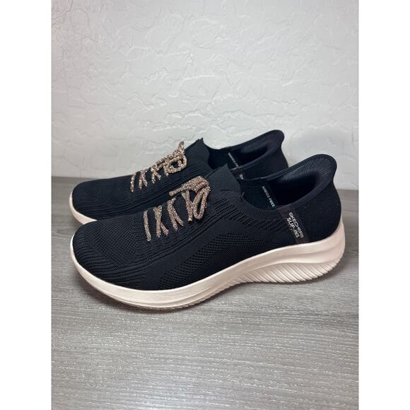 Skechers Slip-Ins Shoes Wms 9 Ultra Flex 3.0 Diamond Dreamer Black Gold Rose Bow - Picture 1 of 9
